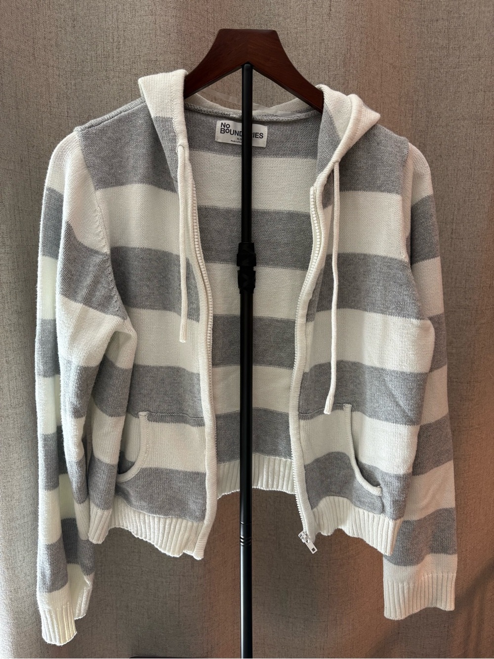 No Boundaries Gray & White Striped Zip Hoodie